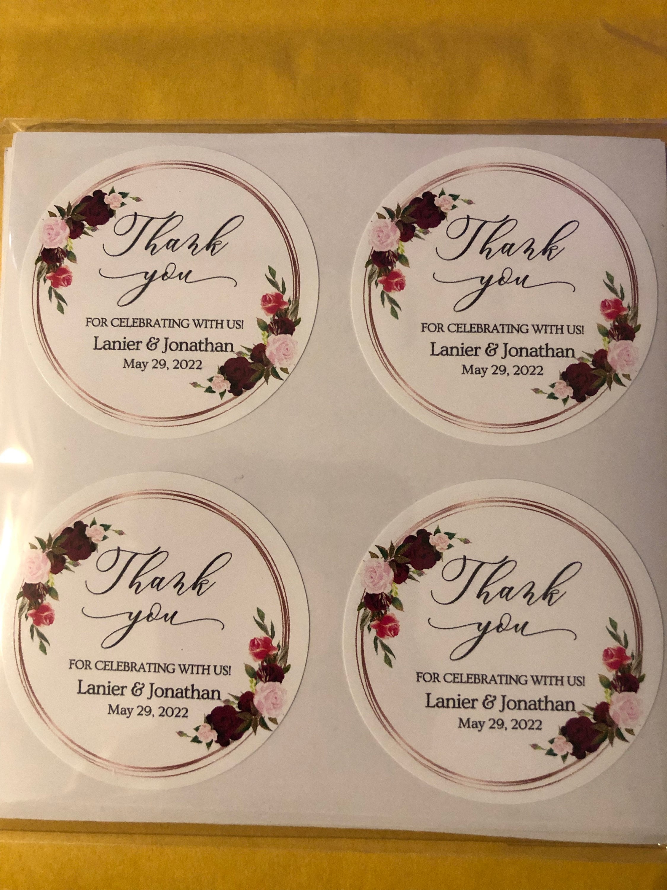 Burgundy Thank You Labels, Wedding Favor Stickers, Stickers for Bridal Shower, Thank You Wedding Label,  Round Stickers, Personalized Labels