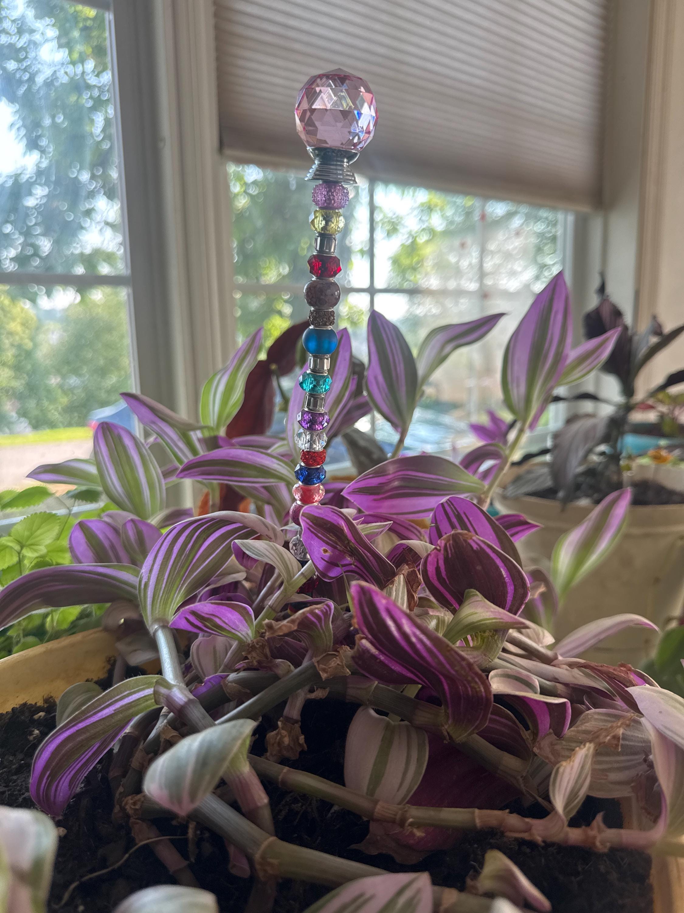 14 inch jeweled garden stake, planter stake, round prism garden stick, fairy garden stake, plant bling, potted plant stake, colorful, pretty