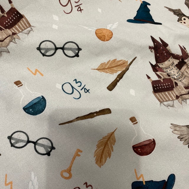 School of Magic Beige Background Premium Cotton Fabric, Wizard Fabric,  Magic Owl, Hocus Pocus Baby Fabric, Pattern Inspired by Harry Potter 