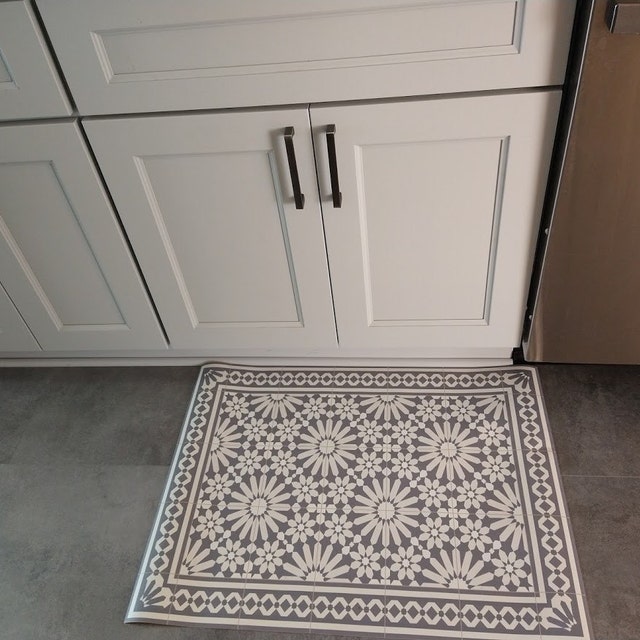 Kitchen Floor Mat With Gray Moroccan Tiles Deisgn. Kitchen Mat, Door Mat,  Pet Mat. Grey Zellige Floor Tiles. 