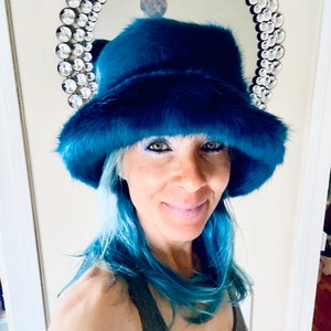 Stunning Super Luxury Faux Fur Bucket Hat-deep Blue-fuzzy 