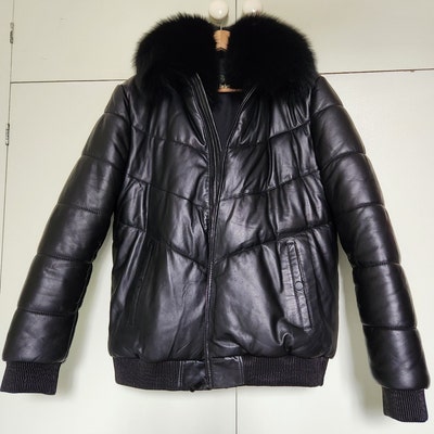 Genuine Black Leather Shearling Coat Genuine White Sheepskin Pilot ...