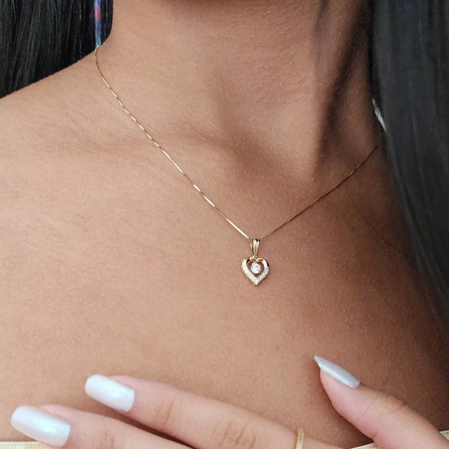 14k Solid Gold Heart Necklace, Dainty Pavé Heart Pendant