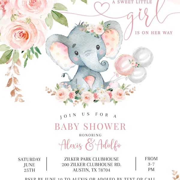 EDITABLE Blush Pink Rose Gold Elephant Baby Shower Invitation Girl Baby ...