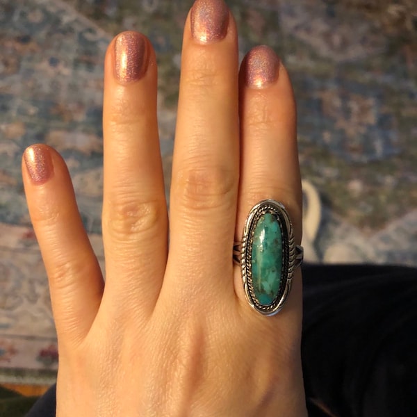 925 Sterling Silver Long Turquoise Ring. 30mm Oval Genuine Blue Green ...