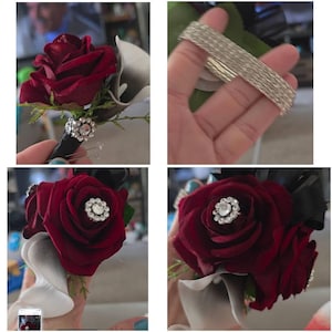 Calla Lily Corsage Boutonniere Set: Burgundy Rose, Silver Jewel