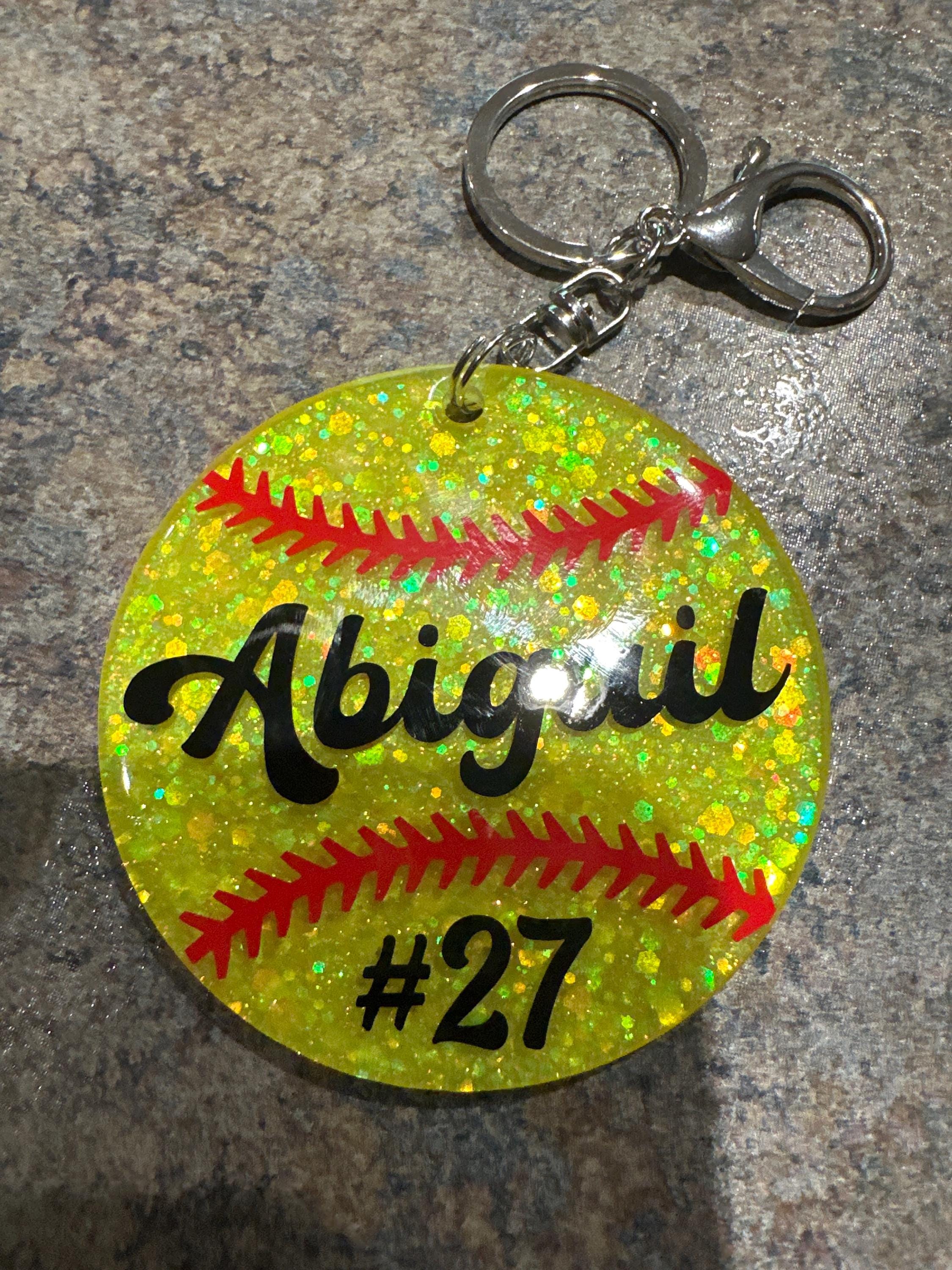 Custom, Glitter Softball Keychain/Bag Tag