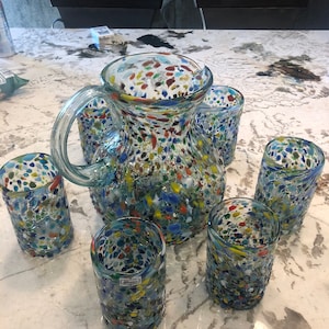 Mexican Hand Blown Glass Pitcher Set Saguaro patio cups speckled