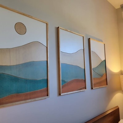 Mountain Wood Wall Art, Set Of 3 Geometric Mountain Panels, Circle Wood