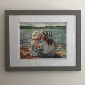 Home Decor Water Reflections Ready to Wade Children Watercolor Painting Print Wall Art Beach Girl in White Dress & Bow on Seashore