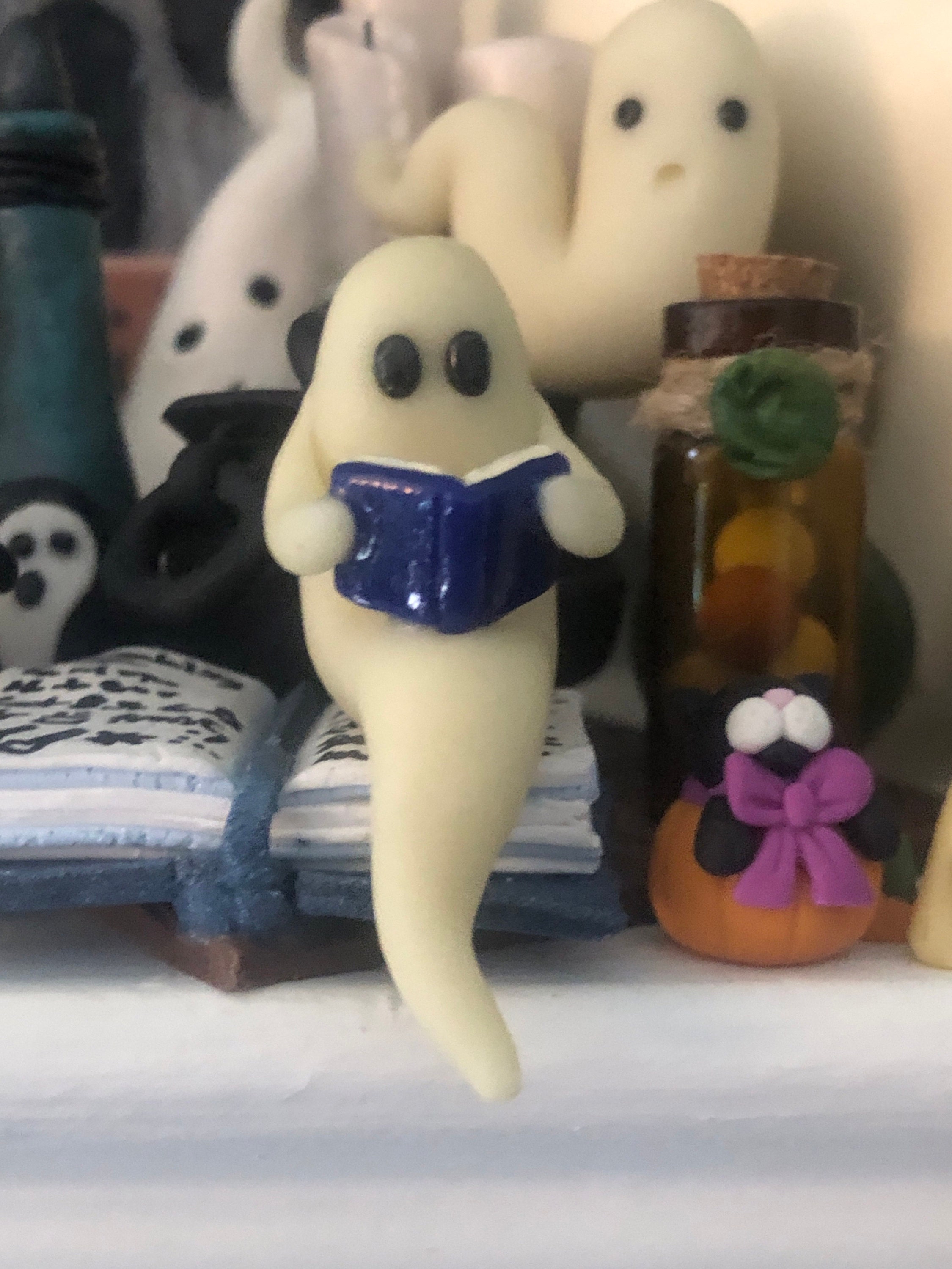 Pet Ghost Reading a Book, Miniature Shelf Sitter Figurine, Handmade Halloween Decoration, Spooky Cute Glow in the Dark