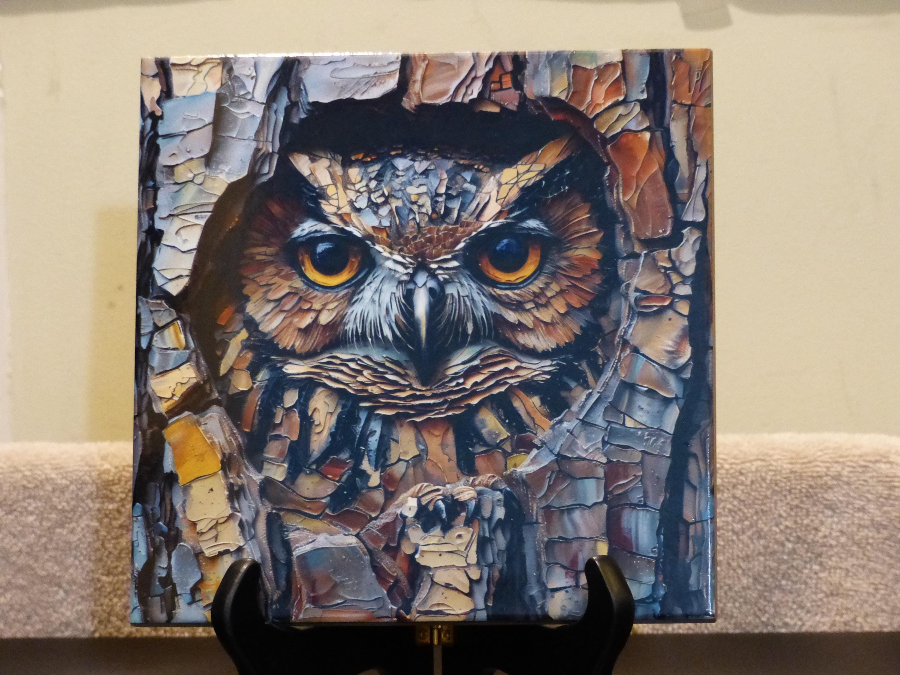 Owl in Hollow Tree Stained Glass Look Art on Glossy Ceramic Tile Decorative Gift Artful Mosaic Wall Decor