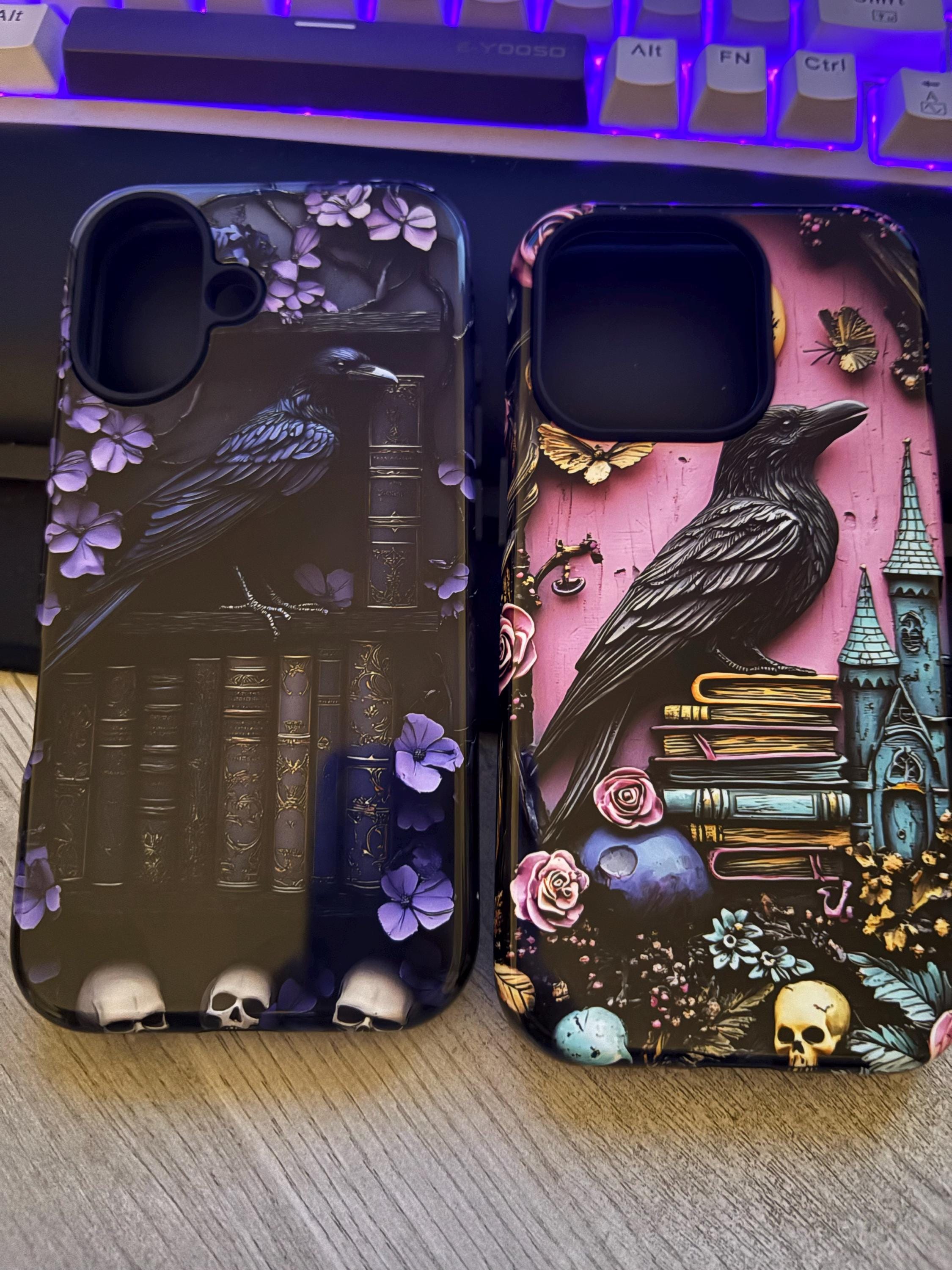 Purple Gothic Raven Bookshelf Phone Case, Gift for Book Lovers, Library Dark Academia Aesthetic, iPhone 16 15, GalaxyS25, Pixel 9 Pro Case