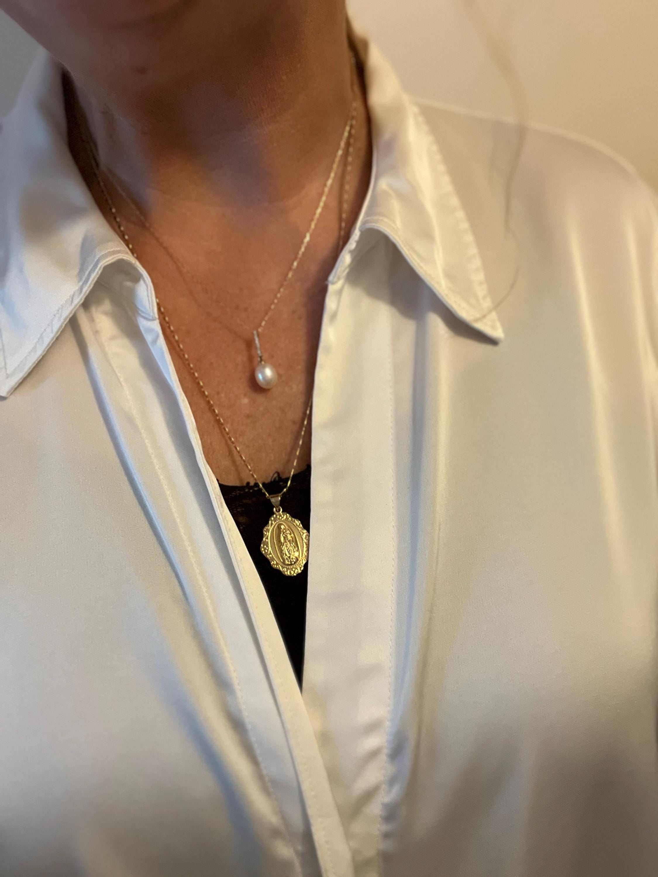 Gold Virgin Mary Necklace, Guadalupe Necklace, 2mm Fancy Flat Chain, 14k Heavy Plated Gold, High Quality, Lifetime Replacement Guarantee