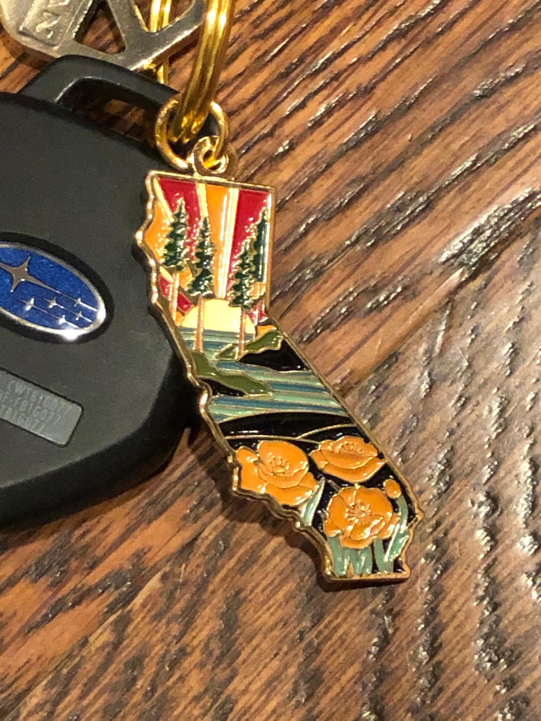 California Poppy Soft Enamel Keychain 1.5&quot; | California Outline Key Ring | Illustrated State Keychain