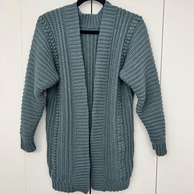 A customer's finished Crochet Cardigan, Mittens and Ear Warmer Pattern Bundle