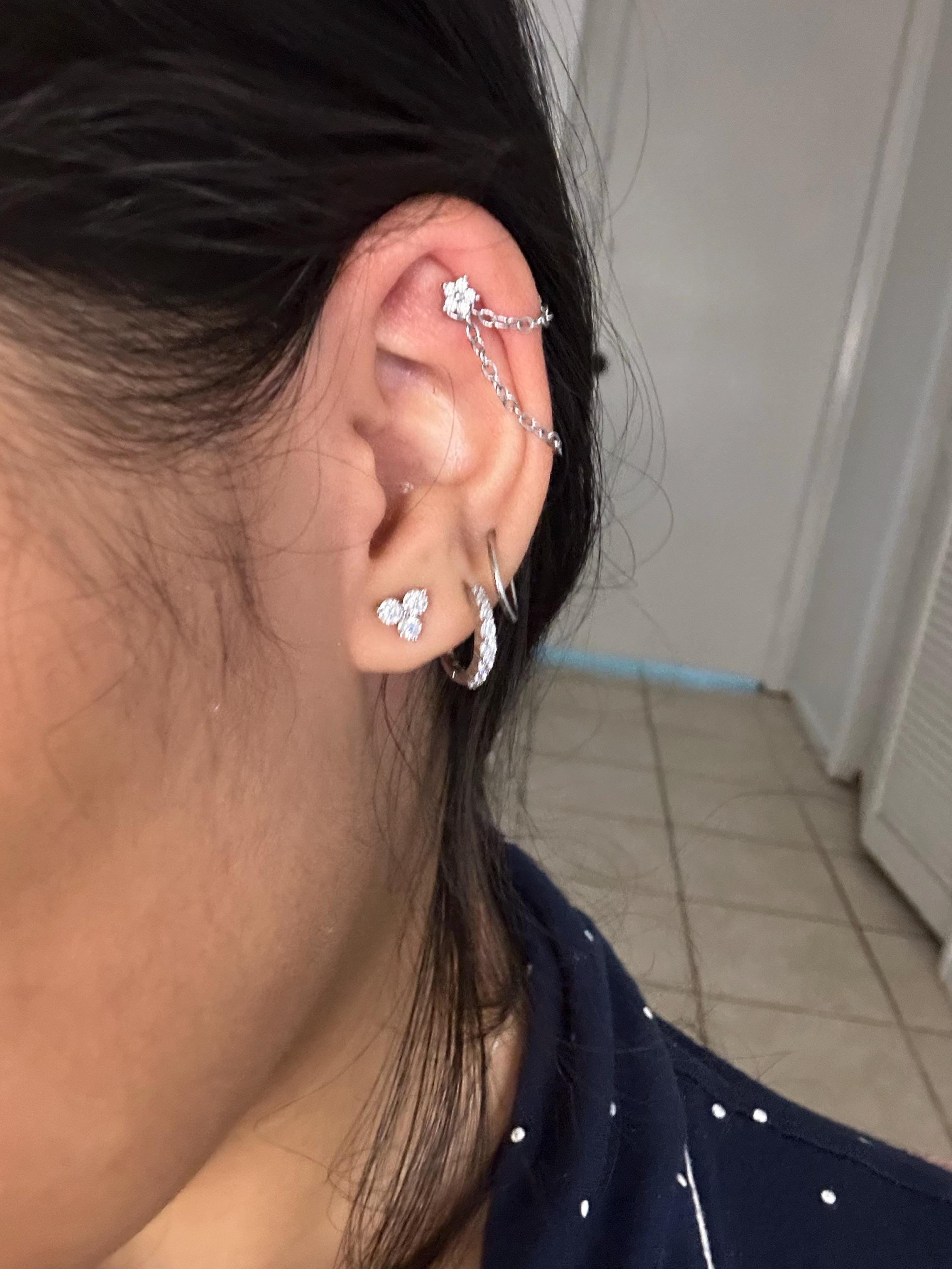16g Dainty Flower helix double chain ear stud, Flat back chain hoop cartilage piercing earring 316l surgical steel, Labret bar(optional) 1pc