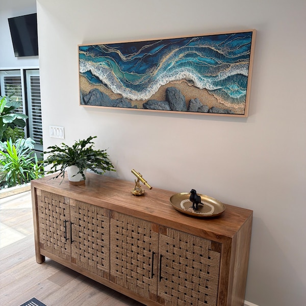 Meredith's Ocean Waves Canvas Print, Gold Leaf Teal Seascape Wall Art canvas print in their home — Antarmada