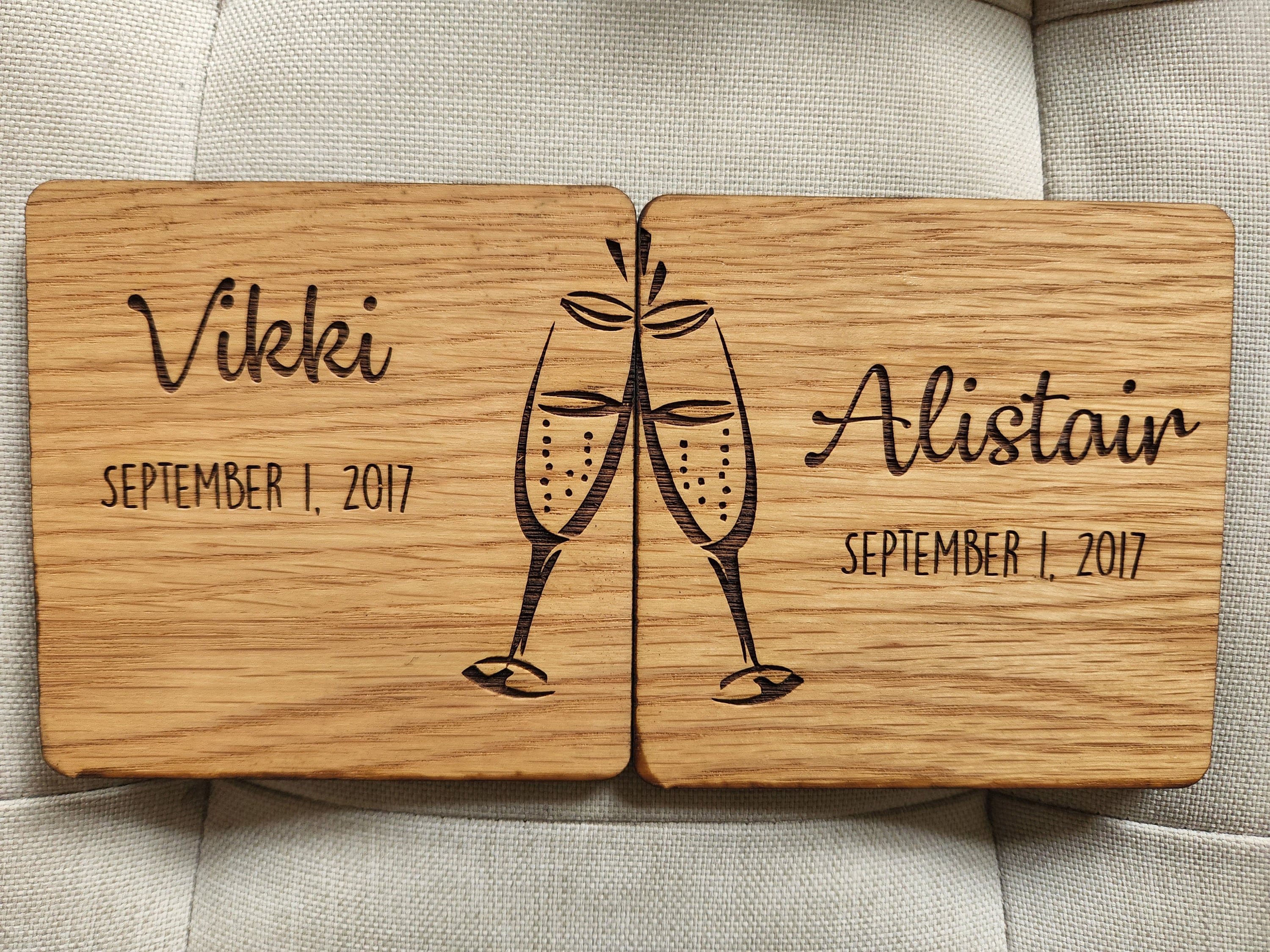 Personalised Wooden Couples Coasters, 5 Year Wedding Anniversary Gift, 5th Anniversary Present, Engagement Gift, Personalized Coaster Set