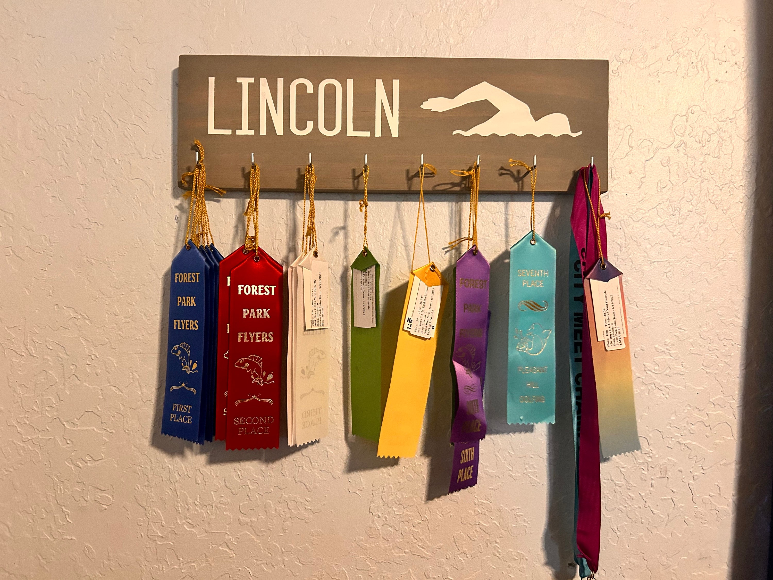 Personalized Swim Ribbon Holder Award Display with Hooks/Clips