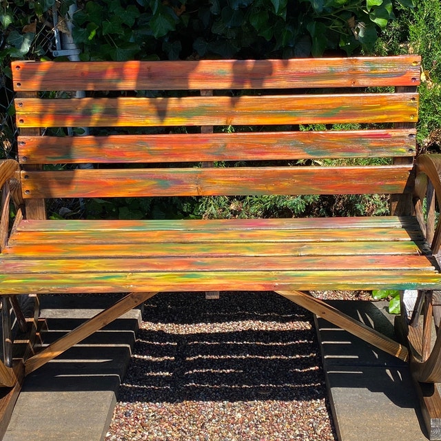 Unicorn Spit Color Wood Stain on a Picnic Table  Staining wood, Painted  picnic tables, Funky painted furniture