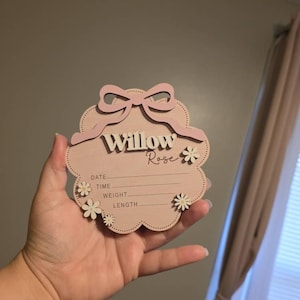 Birth Announcement Sign, Baby Announcement Sign, Pink Bow Coquette Baby Name Sign, Baby Girl Name Sign, Daisy Baby Shower Gift, Newborn Gift