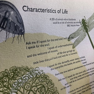 art /& design by Jim Cokas Letterpress Poetry Broadside Print \u2014 Characteristics of Life by poet Camille Dungy