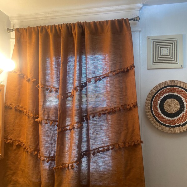 Sage Green Handmade Cotton Curtains Bohemian Tassel Trim Curtains