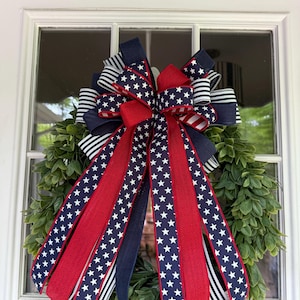 4th of July Bow, Large Bow for Wreath,Patriotic Bow with Stars and Stripes Ribbon, Red White and Blue Summer Decor, Memorial Day Tree Topper