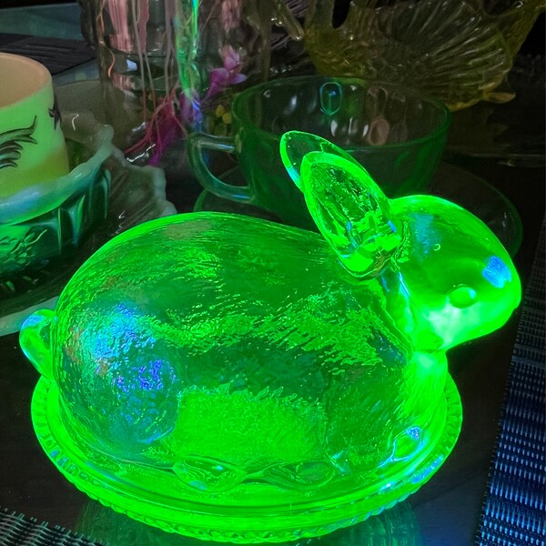 Wilkerson Glass Lime Green Uranium Glow Bunny Rabbit on Basket Nest - Etsy