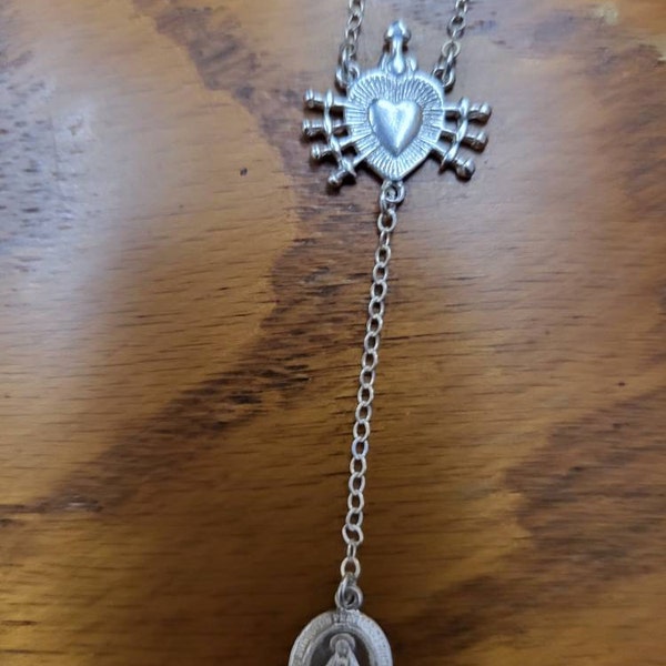Sterling Silver Sacred Heart of Jesus Rosary, Miraculous Charm Necklace ...