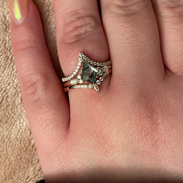 3pcs Kite Cut Moss Agate Engagement Ring Set 14k Rose Gold 3pcs Kite Cut Moss Agate Engagement Ring Set 14k Rose Gold