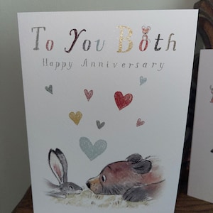 Happy Anniversary , Quality Greeting Card, to you Both 'the Bear, the Hare, and the Mouse' , heart warming Illustrations, made in UK, BHME09