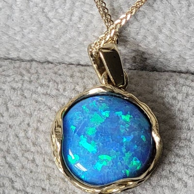 14K Gold Blue Opal Pendant, Vintage Necklace, Opal Necklace, October ...