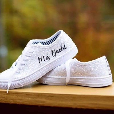 White Glitter Bride Sneakers With Blue Personalized Writing - Etsy