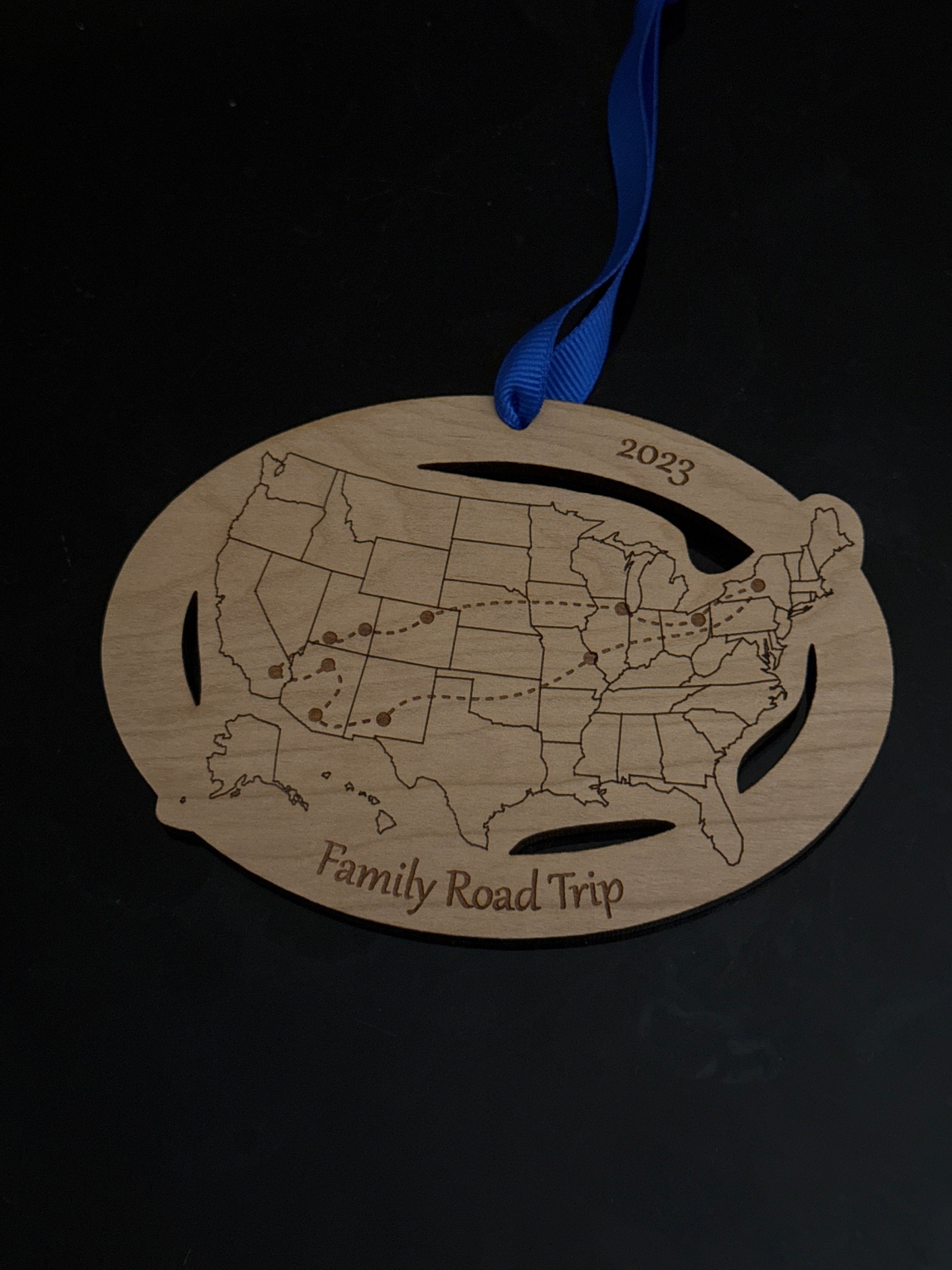 Custom Text and Cities US Map ornament, Road Trip Travel Ornament, long distance relationship, 50 state marathons