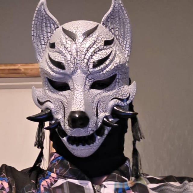 Black and White Okami Mask: Japanese Kitsune Fox Wolf Yokai Mask