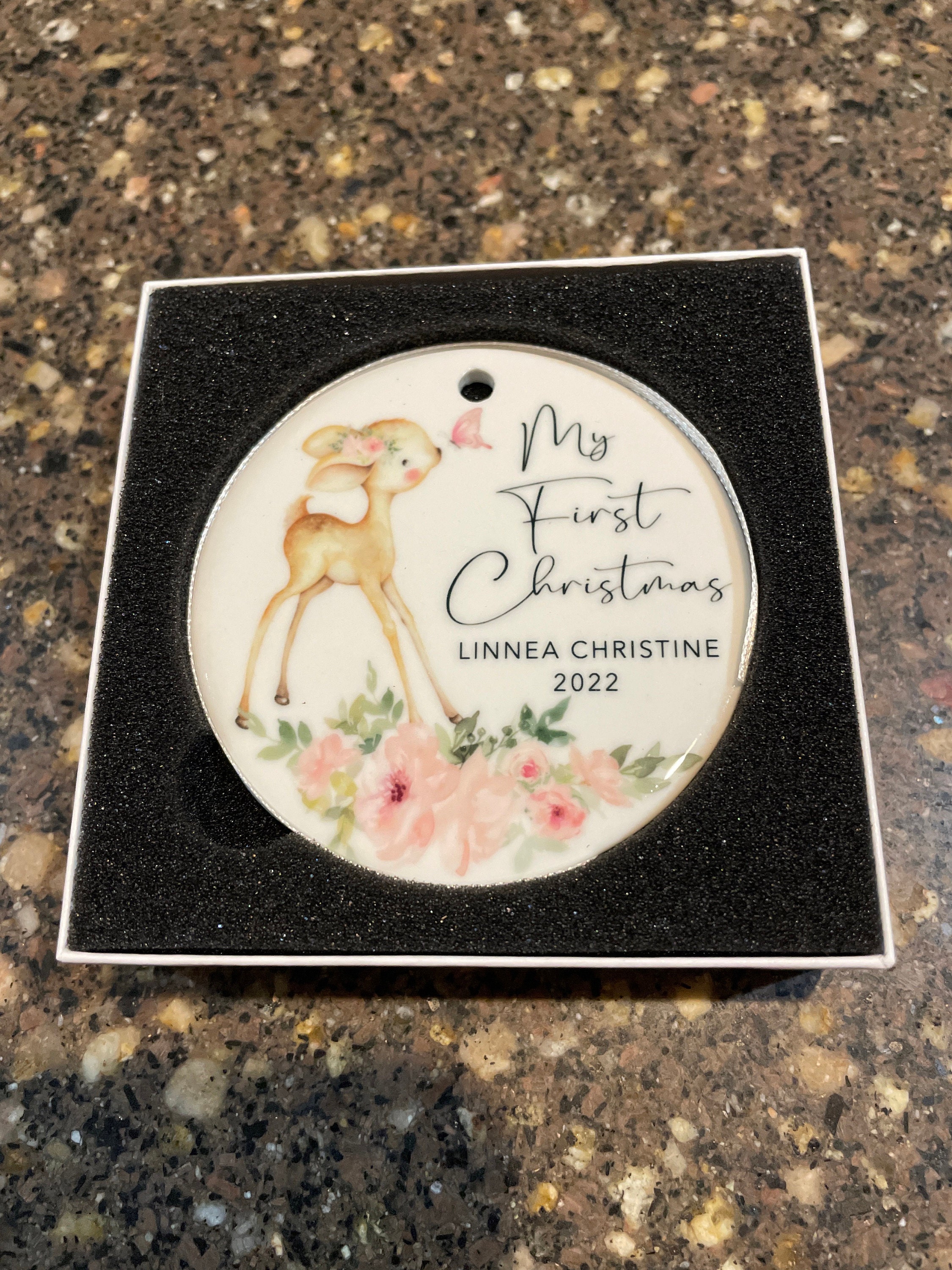 Baby&#39;s First Christmas Ornament - Personalized Baby Girl Deer Christmas Ornament