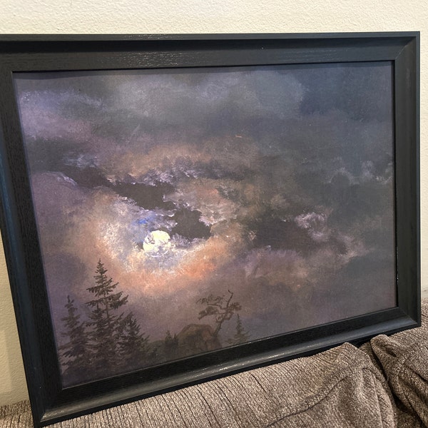 Full Moon Night Sky Vintage Painting | Moody Dark Cottagecore Decor ...