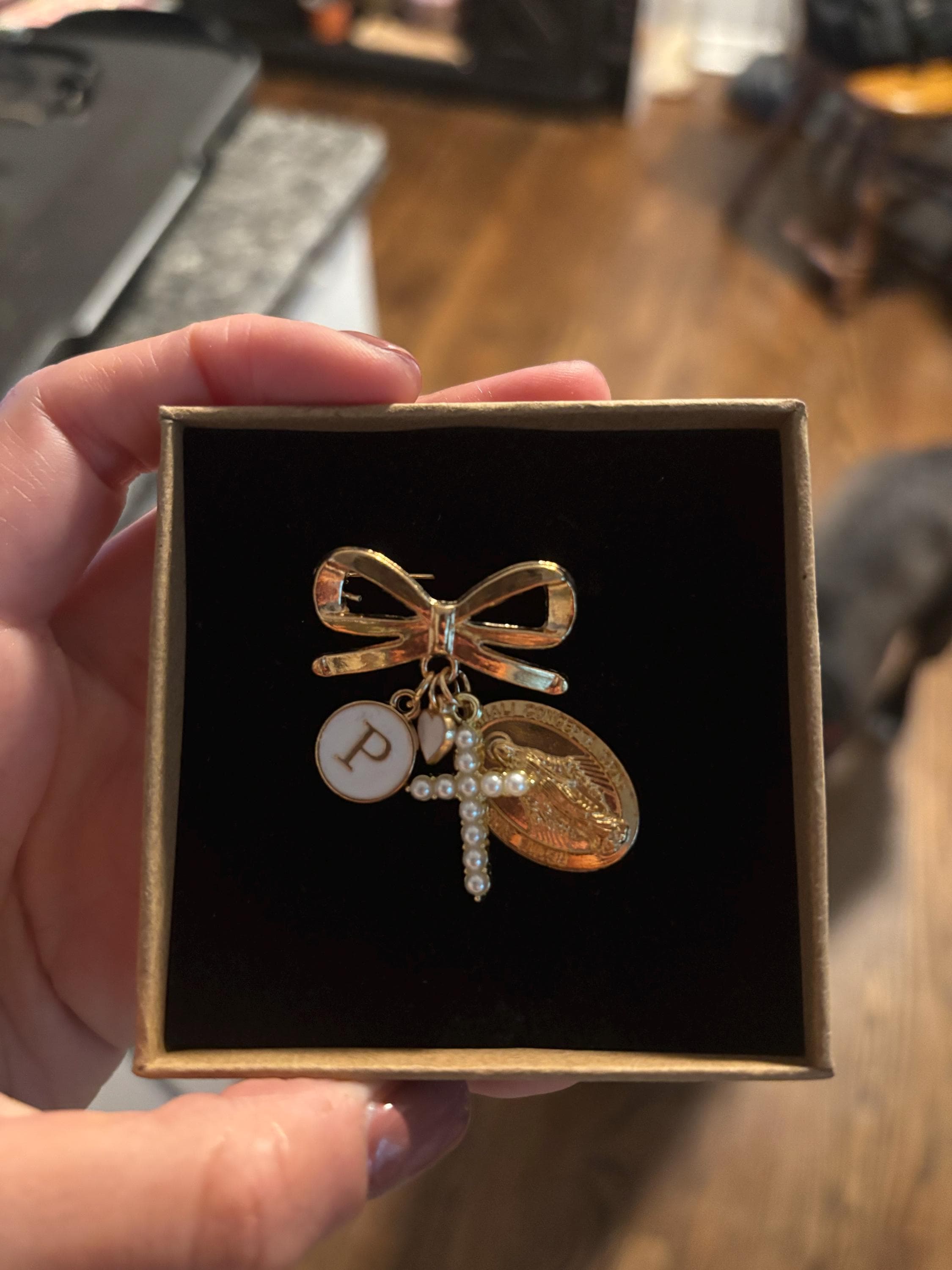 Personalized Virgin Mary Baptism Pin: Gold Cross, Initial Brooch