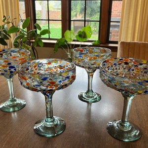 12 oz Margarita Cocktail Glasses + Colorful Party Rims | Set of 4 | Heavy  Duty, Thick, Hand Blown, Classic Frozen Drinks Stemware + Fun Mexican Gift