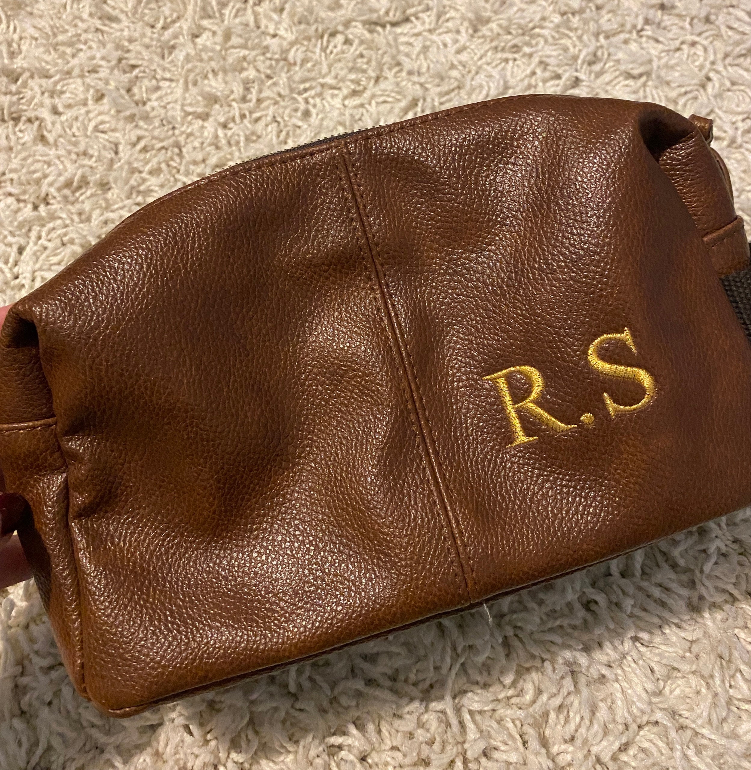 Personalised Embroidered Mens Leather Wash Bag with Strap Black or Brown - Mens Vegan Leather Toilet Bag Embroidered with Initials