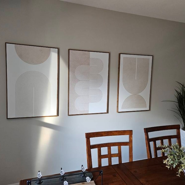 Framed Canvas Wall Art Set of 3 Geometric Beige Spiral Wave Mid Century ...