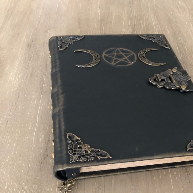 Handmade Grimoire. Spellbook. Triple Moon. Pentagram. Leather Book