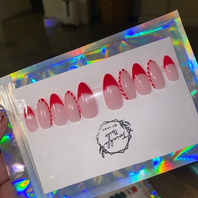 Red Tip Nails Candy Cane Christmas Nails Fake Nails Glue on Nails Press on Nails - Etsy