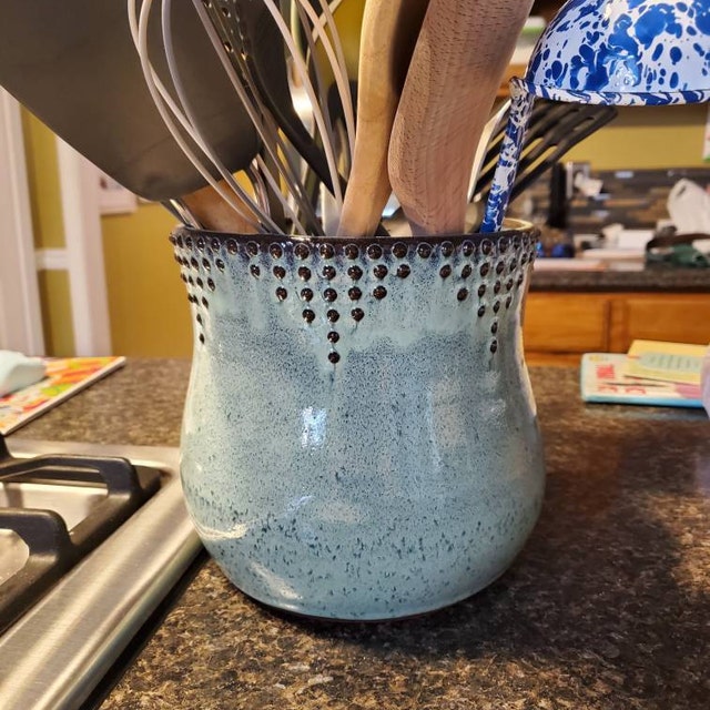 Utensil Holder Medium Size Aqua Mist Hand Thrown Vase Modern Kitchen Home  Decor MADE TO ORDER 