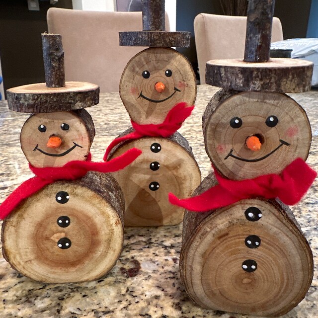 Set of 3 Handmade Wooden Snowman Log Christmas Wood Natural