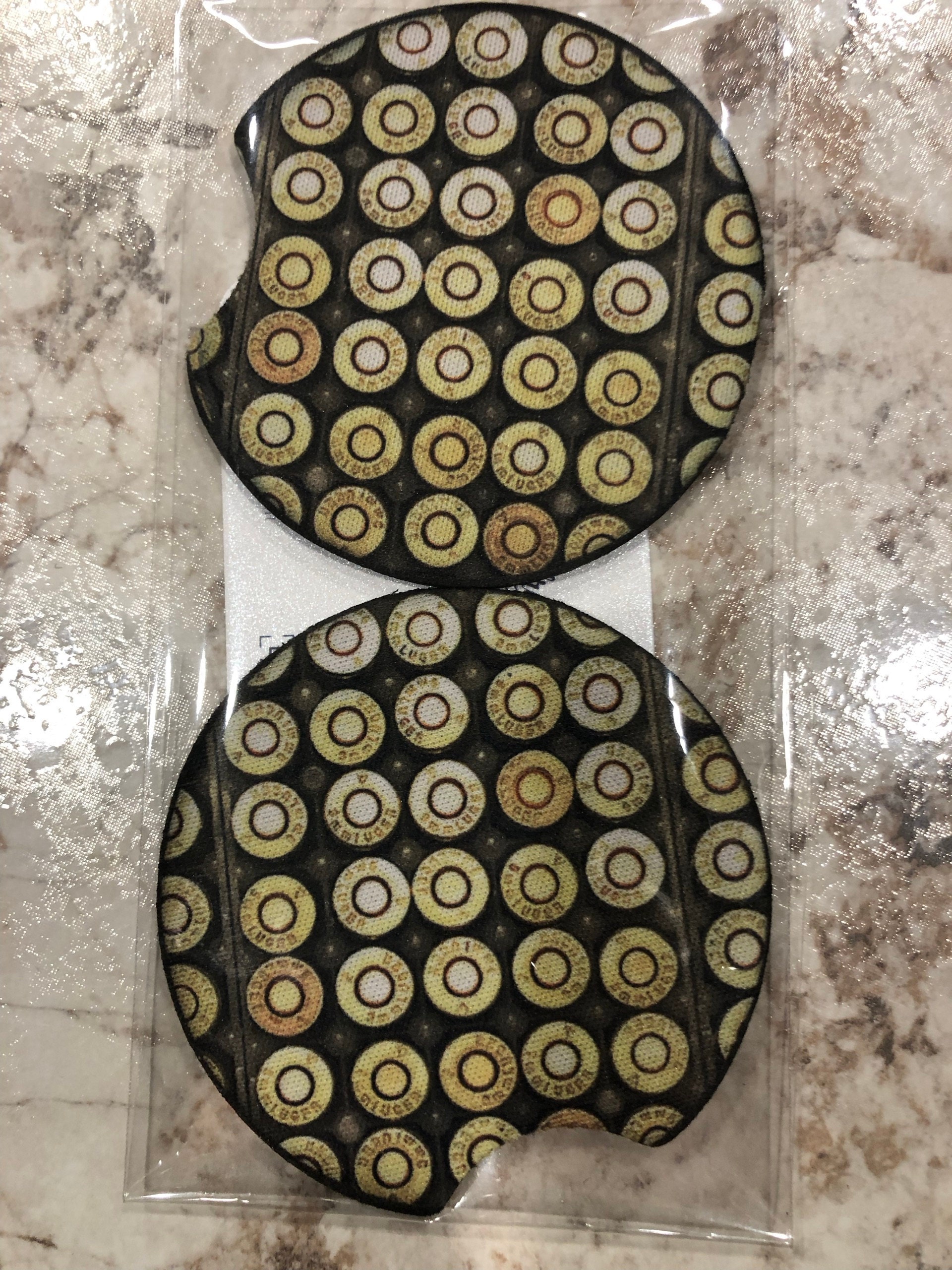 Car Coaster Set of 2  Bullet Gun Ammo Themed Neoprene Rubber or Ceramic Sandstone Drink Cushion Vehicle Travel Accessory Gift for Him or Her