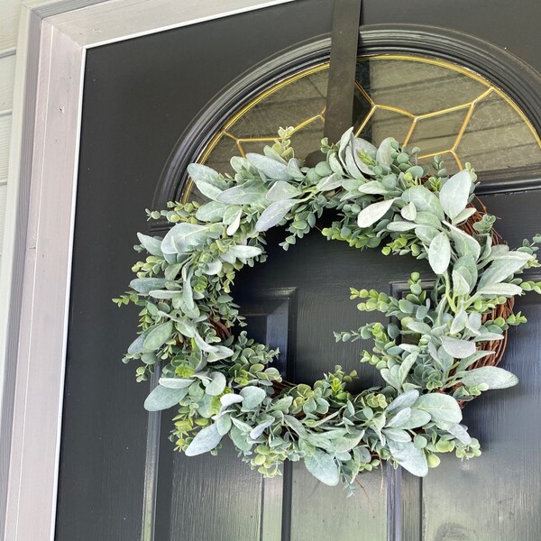 20 in Modern Farmhouse Lambs Ear Eucalyptus Wreath, Outdoor Wreath ...