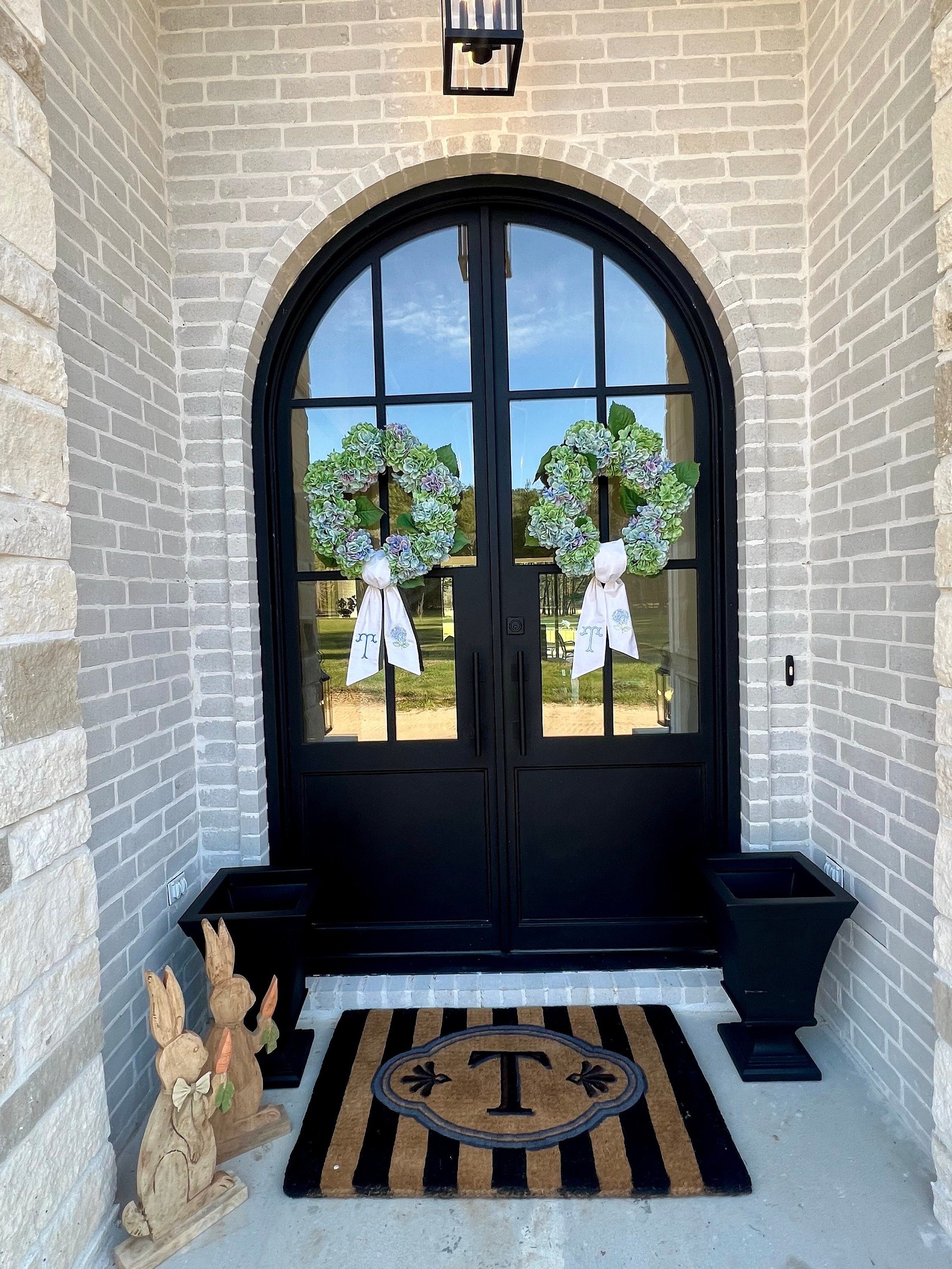 Blue Hydrangea Wreath Sash with Monogram Initial for Front Door Decoration for Home, Party, or Wedding Venue